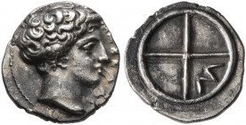 GAUL. Massalia. Circa 410-380 BC. Obol (Silver, 10 mm, 0.67 g). MAΣΣAΛI Horned head of Lakydon to right. Rev. Wheel of four spokes; M in one quarter. ...