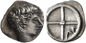 GAUL. Massalia. Circa 410-380 BC. Obol (Silver, 10 mm, 0.60 g). Horned head of Lakydon to right. Rev. Wheel of four spokes; M in one quarter. Chevillo...
