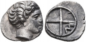 GAUL. Massalia. Circa 410-380 BC. Obol (Silver, 10 mm, 0.78 g). Horned head of Lakydon to right. Rev. Wheel of four spokes; M in one quarter. Chevillo...