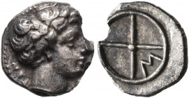 GAUL. Massalia. Circa 410-380 BC. Obol (Silver, 9 mm, 0.56 g). [MAΣΣAΛIΩ]TAN Horned head of Lakydon to right. Rev. Wheel of four spokes; M in one quar...
