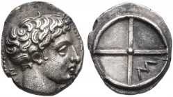 GAUL. Massalia. Circa 410-380 BC. Obol (Silver, 10 mm, 0.72 g). MAΣ[ΣAΛIΩT]-ΩN Horned head of Lakydon to right. Rev. Wheel of four spokes; M in one qu...