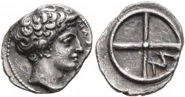 GAUL. Massalia. Circa 410-380 BC. Obol (Silver, 10 mm, 0.78 g). MAΣΣAΛI Horned head of Lakydon to right. Rev. Wheel of four spokes; M in one quarter. ...