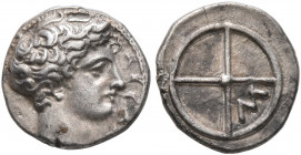 GAUL. Massalia. Circa 410-380 BC. Obol (Silver, 10 mm, 0.79 g). MAΣΣAΛ Horned head of Lakydon to right. Rev. Wheel of four spokes; M in one quarter. C...