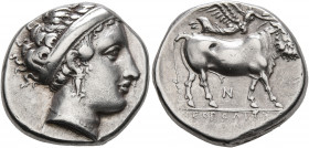 CAMPANIA. Neapolis. 350-325 BC. Didrachm or Nomos (Silver, 20 mm, 7.52 g, 1 h). Diademend head of a nymph to right, wearing triple-pendant earring and...
