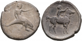 CALABRIA. Tarentum. Circa 415-405 BC. Didrachm or Nomos (Silver, 23 mm, 7.73 g, 10 h). [TAPAΣ] Youthful oikist, nude, riding dolphin to right, his lef...
