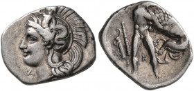 CALABRIA. Tarentum. Circa 380-325 BC. Diobol (Silver, 13 mm, 1.15 g, 11 h). Head of Athena to left, wearing crested Corinthian helmet adorned with Sky...