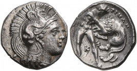 CALABRIA. Tarentum. Circa 380-325 BC. Diobol (Silver, 12 mm, 1.14 g, 7 h). Head of Athena to right, wearing crested Attic helmet adorned with a hippoc...
