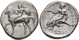 CALABRIA. Tarentum. Circa 355-340 BC. Didrachm or Nomos (Silver, 21 mm, 7.64 g, 3 h). Nude, helmeted rider on horseback left, holding bridles in his r...