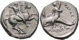 CALABRIA. Tarentum. Circa 325-280 BC. Didrachm (Silver, 20 mm, 7.85 g, 4 h), Sim... and Phi..., magistrates. Nude rider on horse galloping to right, s...