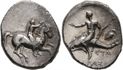 CALABRIA. Tarentum. Circa 315 BC. Didrachm or Nomos (Silver, 23 mm, 7.75 g, 7 h), Sa... and Sym..., magistrates. ΣYM Nude youth riding horse walking t...