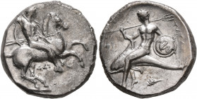 CALABRIA. Tarentum. Circa 302-290 BC. Didrachm or Nomos (Silver, 21 mm, 7.71 g, 12 h), Dai... and Phi..., magistrates. Nude, helmeted rider on horse g...