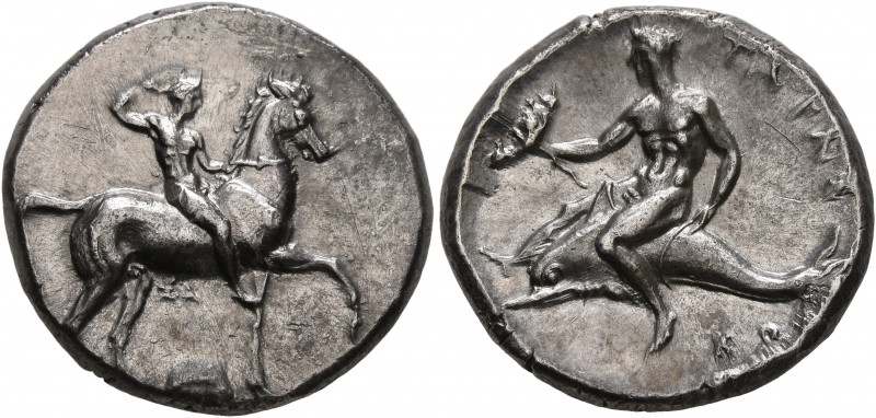 CALABRIA. Tarentum. Circa 302 BC. Didrachm or Nomos (Silver, 22 mm, 7.93 g, 5 h)...