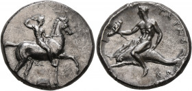 CALABRIA. Tarentum. Circa 302 BC. Didrachm or Nomos (Silver, 22 mm, 7.93 g, 5 h), Sa... and Kon..., magistrates. Nude youth on horseback to right, cro...