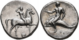 CALABRIA. Tarentum. Circa 302 BC. Didrachm or Nomos (Silver, 22 mm, 7.82 g, 7 h), Sa... and Kon..., magistrates. Nude youth on horseback to right, cro...