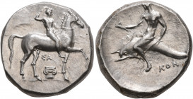 CALABRIA. Tarentum. Circa 302 BC. Didrachm or Nomos (Silver, 21 mm, 8.00 g, 10 h), Sa... and Kon..., magistrates. ΣA Nude youth riding horse walking t...