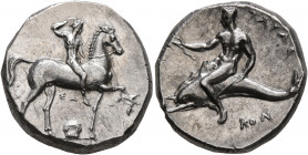 CALABRIA. Tarentum. Circa 302 BC. Didrachm or Nomos (Silver, 21 mm, 7.94 g, 5 h), Sa... and Kon..., magistrates. ΣA Nude youth riding horse walking to...