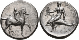 CALABRIA. Tarentum. Circa 302-280 BC. Didrachm or Nomos (Silver, 22 mm, 7.87 g, 1 h), Sa..., Arethon and Cas..., magistrates. Nude youth riding horse ...