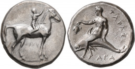 CALABRIA. Tarentum. Circa 302-280 BC. Didrachm or Nomos (Silver, 22 mm, 8.00 g, 9 h), Sa..., Philiarchos and Aga..., magistrates. Nude youth riding ho...