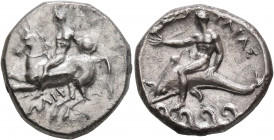 CALABRIA. Tarentum. Circa 280-272 BC. Didrachm or Nomos (Silver, 21 mm, 7.75 g, 2 h), Eu... and Philon, magistrates. Nude warrior on horseback left, h...