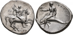 CALABRIA. Tarentum. Circa 302-280 BC. Didrachm or Nomos (Silver, 23 mm, 7.82 g, 4 h), Si... and Lykon, magistrates. Nude rider on horse galloping to r...