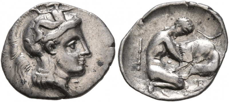 CALABRIA. Tarentum. Circa 325-280 BC. Diobol (Silver, 14 mm, 1.01 g, 8 h). Head ...