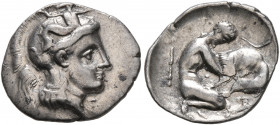 CALABRIA. Tarentum. Circa 325-280 BC. Diobol (Silver, 14 mm, 1.01 g, 8 h). Head of Athena to right, wearing crested Corinthian helmet adorned with Sky...