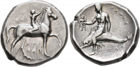 CALABRIA. Tarentum. Circa 280 BC. Didrachm or Nomos (Silver, 22 mm, 7.92 g, 7 h), Sa..., Arethon and Cas..., magistrates. Nude youth riding horse walk...