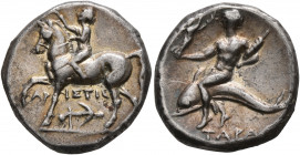 CALABRIA. Tarentum. Circa 272-240 BC. Didrachm or Nomos (Silver, 19 mm, 6.31 g, 10 h), Apistis, magistrate. Nude youth riding horse walking to left, r...