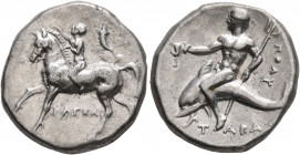 CALABRIA. Tarentum. Circa 272-240 BC. Didrachm or Nomos (Silver, 20 mm, 6.54 g, 10 h), Hageas and Poly..., magistrates. Nude youth riding horse walkin...
