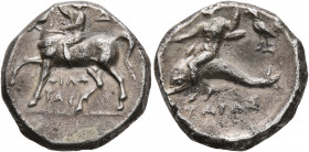 CALABRIA. Tarentum. Circa 272-240 BC. Didrachm or Nomos (Silver, 19 mm, 6.16 g, 2 h), Di... and Philotas, magistrates. Nude youth riding horse walking...
