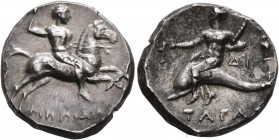 CALABRIA. Tarentum. Circa 272-240 BC. Didrachm or Nomos (Silver, 20 mm, 6.46 g, 10 h), Hippoda and Di..., magistrates. Nude rider on horse galloping t...