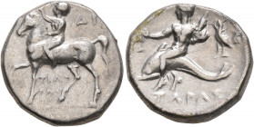 CALABRIA. Tarentum. Circa 272-240 BC. Didrachm or Nomos (Silver, 20 mm, 6.40 g, 9 h), Di... and Philotas, magistrates. Nude youth riding horse walking...