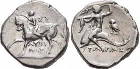 CALABRIA. Tarentum. Circa 272-240 BC. Didrachm or Nomos (Silver, 20 mm, 6.54 g, 7 h), Sy... and Lykinos, magistrates. Nude youth riding horse walking ...