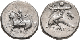 CALABRIA. Tarentum. Circa 272-240 BC. Didrachm or Nomos (Silver, 20 mm, 6.45 g, 10 h), Sy... and Lykinos, magistrates. Nude youth riding horse walking...