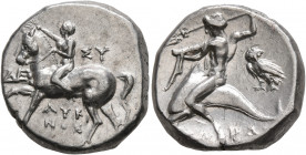 CALABRIA. Tarentum. Circa 272-240 BC. Didrachm or Nomos (Silver, 19 mm, 6.27 g, 4 h), De..., Sy... and Lykinos, magistrates. Nude youth riding horse w...