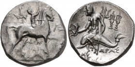 CALABRIA. Tarentum. Circa 240-228 BC. Didrachm or Nomos (Silver, 19 mm, 6.65 g, 2 h), Philokles, magistrate. Nude youth riding horse walking to right,...