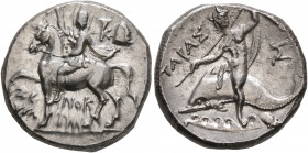 CALABRIA. Tarentum. Circa 240-228 BC. Didrachm or Nomos (Silver, 20 mm, 6.45 g, 7 h), Xenokrates, magistrate. Dioskouros, raising his right hand and h...