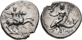 CALABRIA. Tarentum. Circa 240-228 BC. Didrachm or Nomos (Silver, 22 mm, 6.61 g, 8 h), Kallikrates, magistrate. Warrior on horseback to right, holding ...