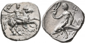 CALABRIA. Tarentum. Circa 240-228 BC. Didrachm or Nomos (Silver, 20 mm, 6.54 g, 7 h), Kallikrates, magistrate. Warrior on horseback to right, holding ...
