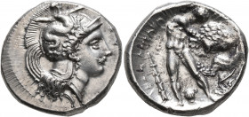 LUCANIA. Herakleia. Circa 390-340 BC. Didrachm or Nomos (Silver, 23 mm, 7.93 g, 7 h). Head of Athena to right, wearing single-pendant earring, necklac...