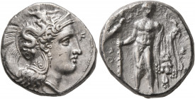LUCANIA. Herakleia. Circa 330/25-281 BC. Didrachm or Nomos (Silver, 20 mm, 7.65 g, 3 h). Head of Athena to right, wearing Corinthian helmet adorned wi...