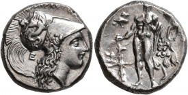 LUCANIA. Herakleia. Circa 281-278 BC. Didrachm or Nomos (Silver, 20 mm, 7.77 g, 1 h). HPAKΛEIΩN Head of Athena to right, wearing Corinthian helmet ado...