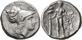 LUCANIA. Herakleia. Circa 281-278 BC. Didrachm or Nomos (Silver, 21 mm, 7.75 g, 4 h). HPAKΛEIΩN Head of Athena to right, wearing Corinthian helmet ado...