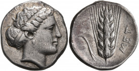 LUCANIA. Metapontion. Circa 400-340 BC. Didrachm or Nomos (Silver, 21 mm, 7.65 g, 11 h). Head of Demeter to right, wearing pendant earring and with he...