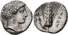 LUCANIA. Metapontion. Circa 340-330 BC. Didrachm or Nomos (Silver, 21 mm, 7.73 g, 4 h). Head of Demeter to right, wearing wreath of grain ears, pendan...