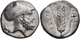 LUCANIA. Metapontion. Circa 340-330 BC. Didrachm or Nomos (Silver, 21 mm, 7.91 g, 6 h). [ΛEYKIΠΠOΣ] Bearded head of Leukippos to right, wearing Corint...