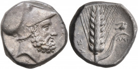 LUCANIA. Metapontion. Circa 340-330 BC. Didrachm or Nomos (Silver, 19 mm, 7.95 g, 4 h). [ΛEYKIΠΠOΣ] Bearded head of Leukippos to right, wearing Corint...