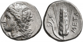 LUCANIA. Metapontion. Circa 330-290 BC. Didrachm or Nomos (Silver, 21 mm, 7.82 g, 4 h). Head of Demeter to left, wearing wreath of grain ears, triple ...