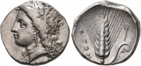 LUCANIA. Metapontion. Circa 330-290 BC. Didrachm or Nomos (Silver, 21 mm, 7.92 g, 12 h). Head of Demeter to left, wearing wreath of grain ears, triple...