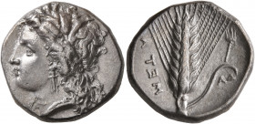 LUCANIA. Metapontion. Circa 330-290 BC. Didrachm or Nomos (Silver, 21 mm, 7.84 g, 12 h). Head of Demeter to left, wearing wreath of grain ears, triple...